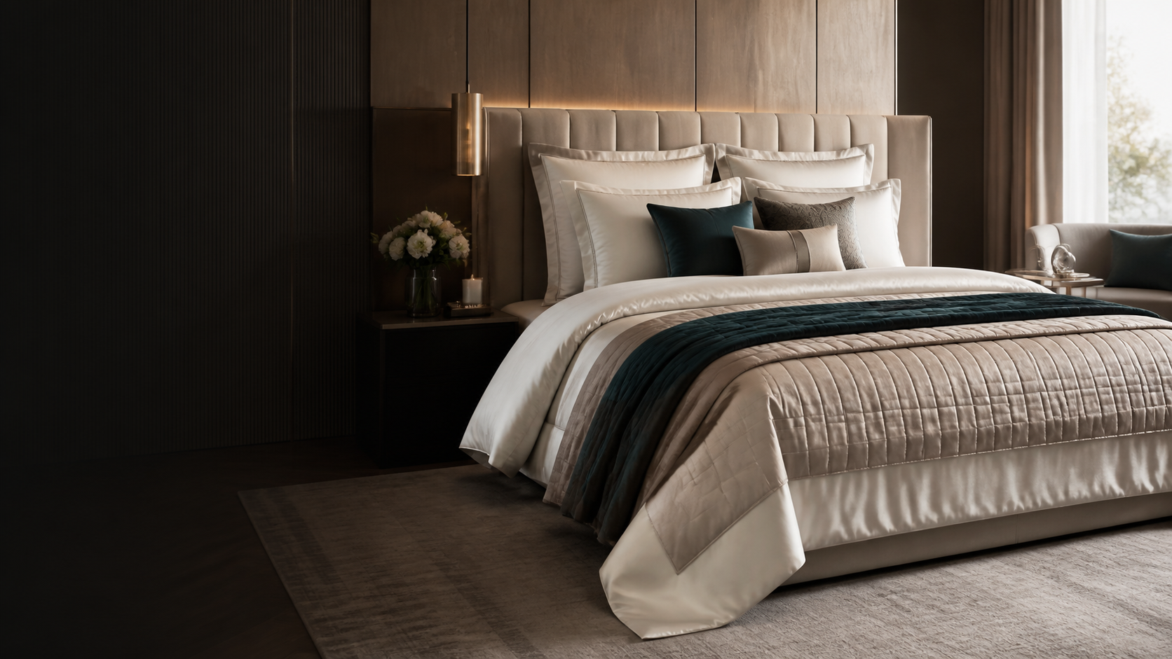 Premium complete bedding set with duvet cover, pillows and quilted throw in a modern bedroom